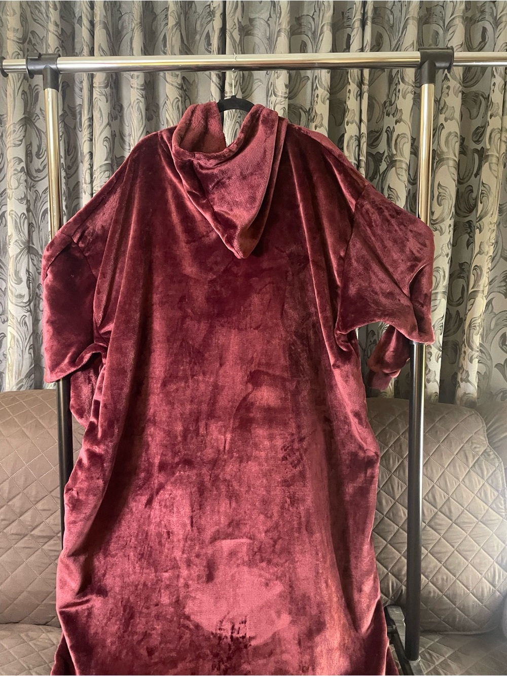 Cozy Plush Hooded Robe Poncho in Burgundy - Picture 5 of 9